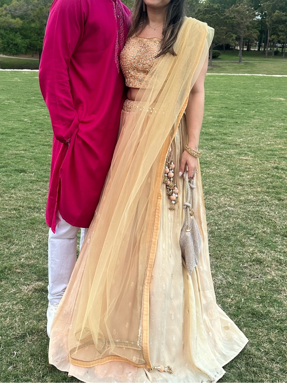 Embroidered Gold/Peach Lehenga Set with Sheer Dupatta